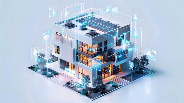 نمای داخلی ساختمان هوشمند با کنترل AI برای HVAC و روشنایی